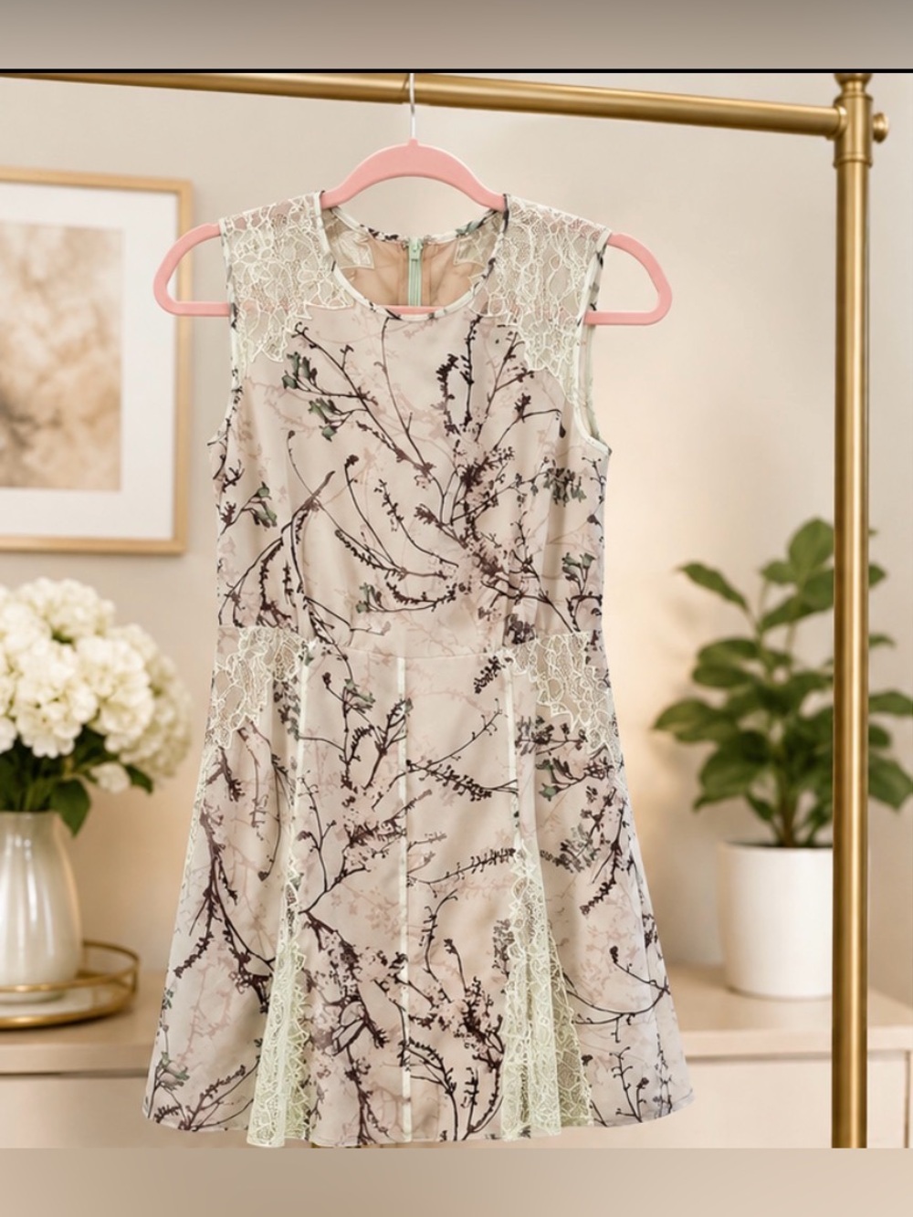 BCBG Cream Floral Lace-Trim Fit & Flare Dress